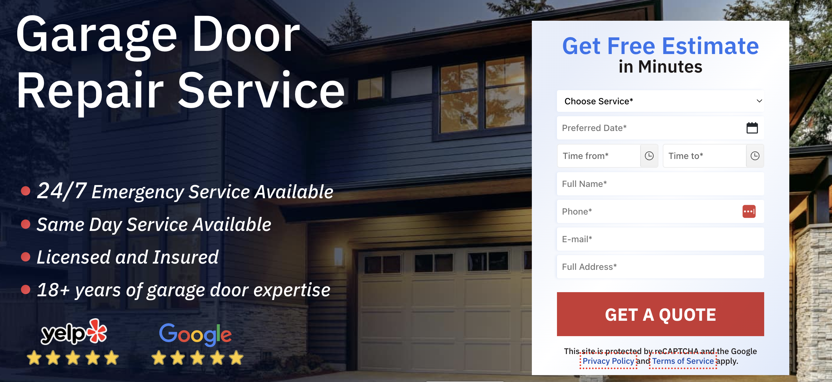 example of garage door landing page